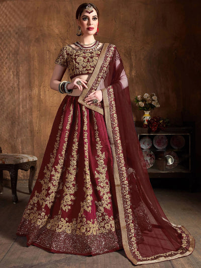 Maroon Embroidered Raw Silk Wedding Lehenga Choli with Dupatta