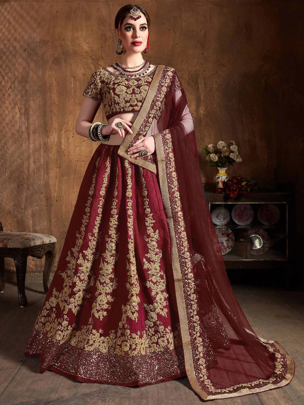 Maroon Embroidered Raw Silk Wedding Lehenga Choli with Dupatta
