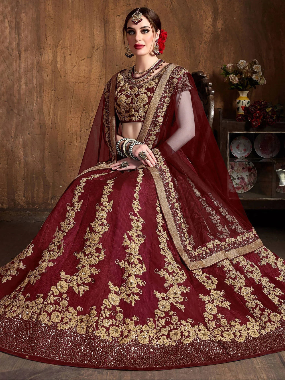Maroon Embroidered Raw Silk Wedding Lehenga Choli with Dupatta