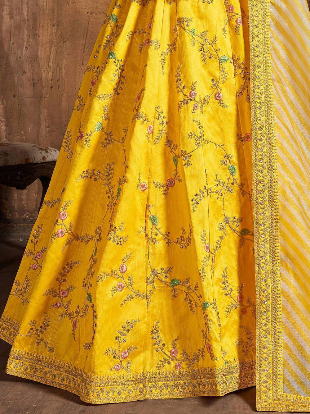 Yellow Embroidered Mulberry Silk Bridal Lehenga Choli with Striped Dupatta