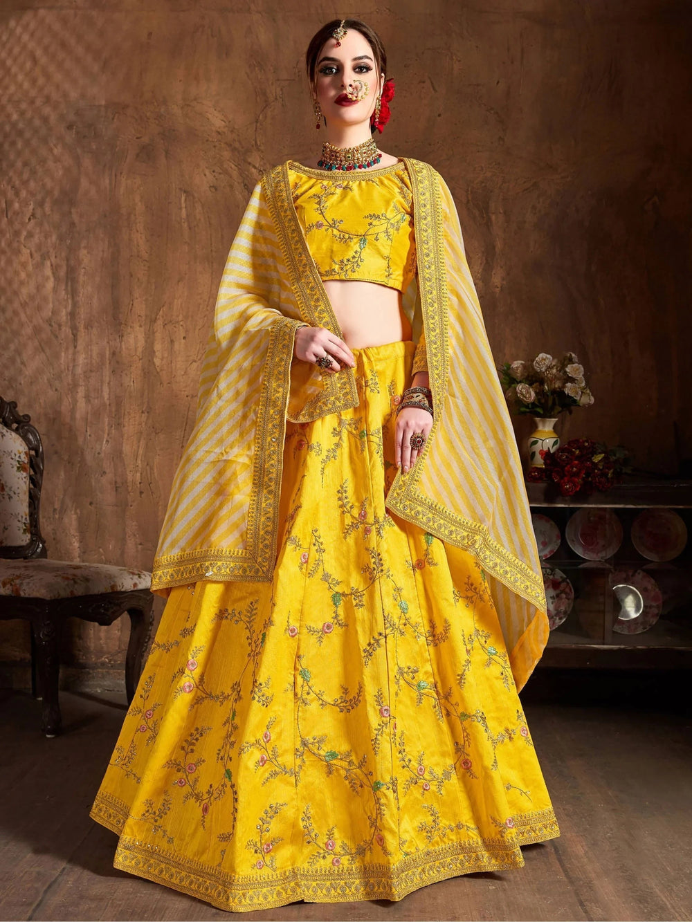 Yellow Embroidered Mulberry Silk Bridal Lehenga Choli with Striped Dupatta