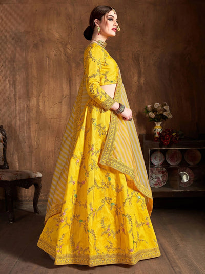 Yellow Embroidered Mulberry Silk Bridal Lehenga Choli with Striped Dupatta