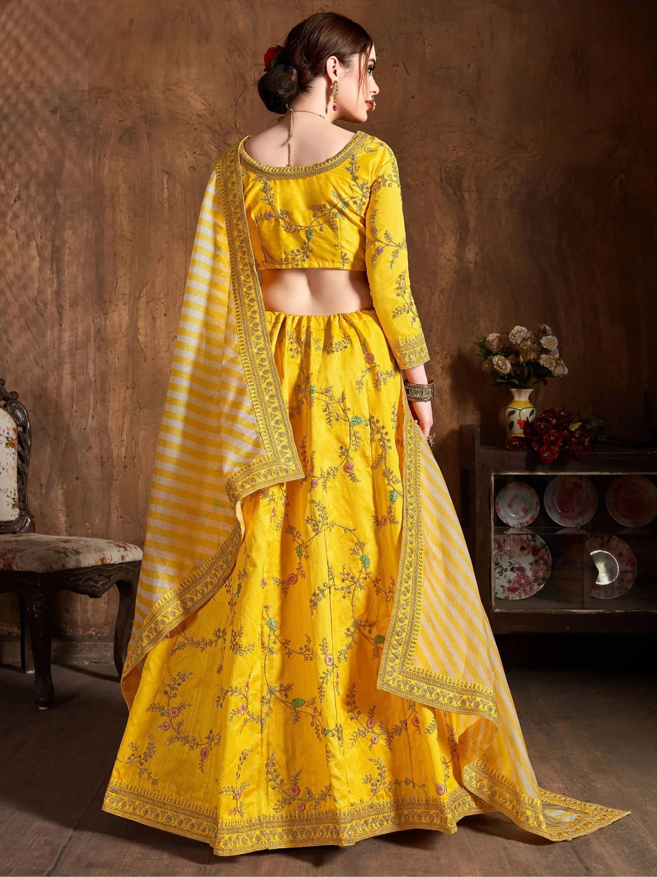 Yellow Embroidered Mulberry Silk Bridal Lehenga Choli with Striped Dupatta