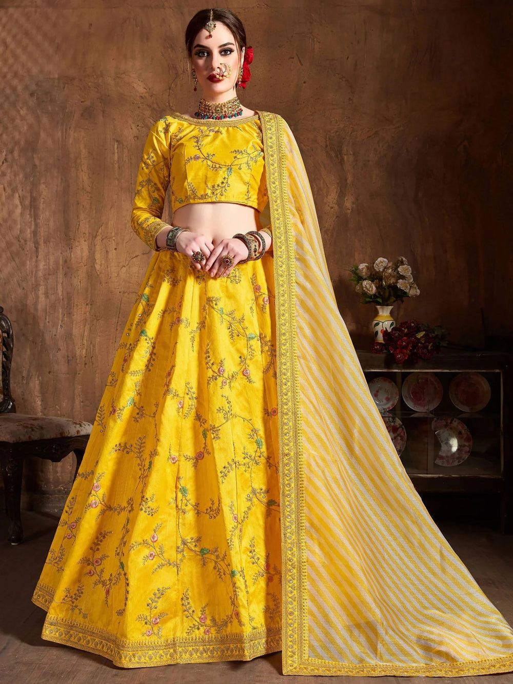 Yellow Embroidered Mulberry Silk Bridal Lehenga Choli with Striped Dupatta