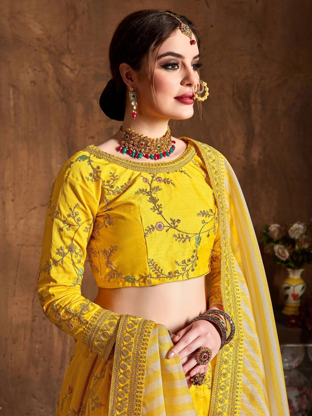 Yellow Embroidered Mulberry Silk Bridal Lehenga Choli with Striped Dupatta