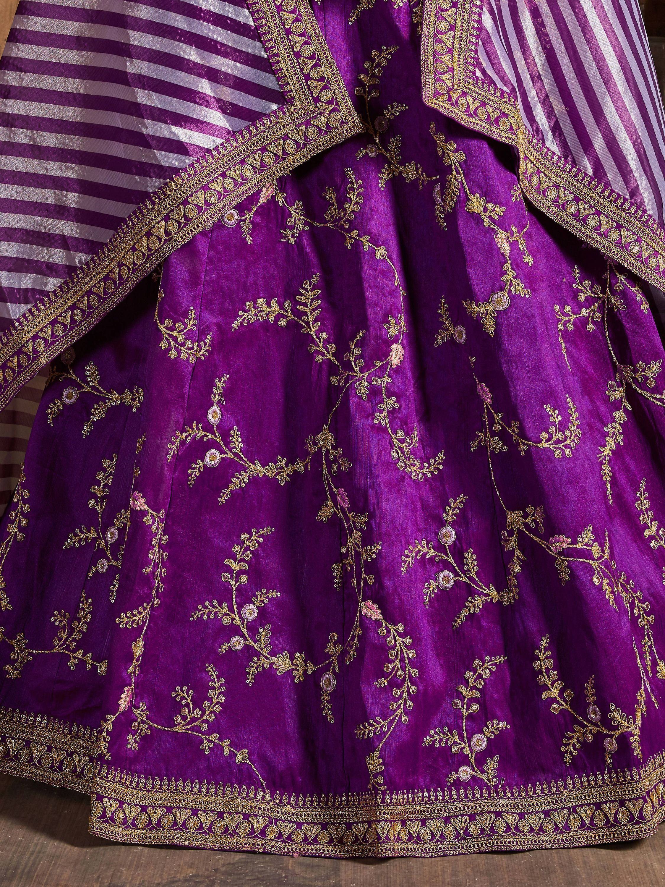 Purple Embroidered Mulberry Silk Bridal Lehenga Choli with Striped Dupatta