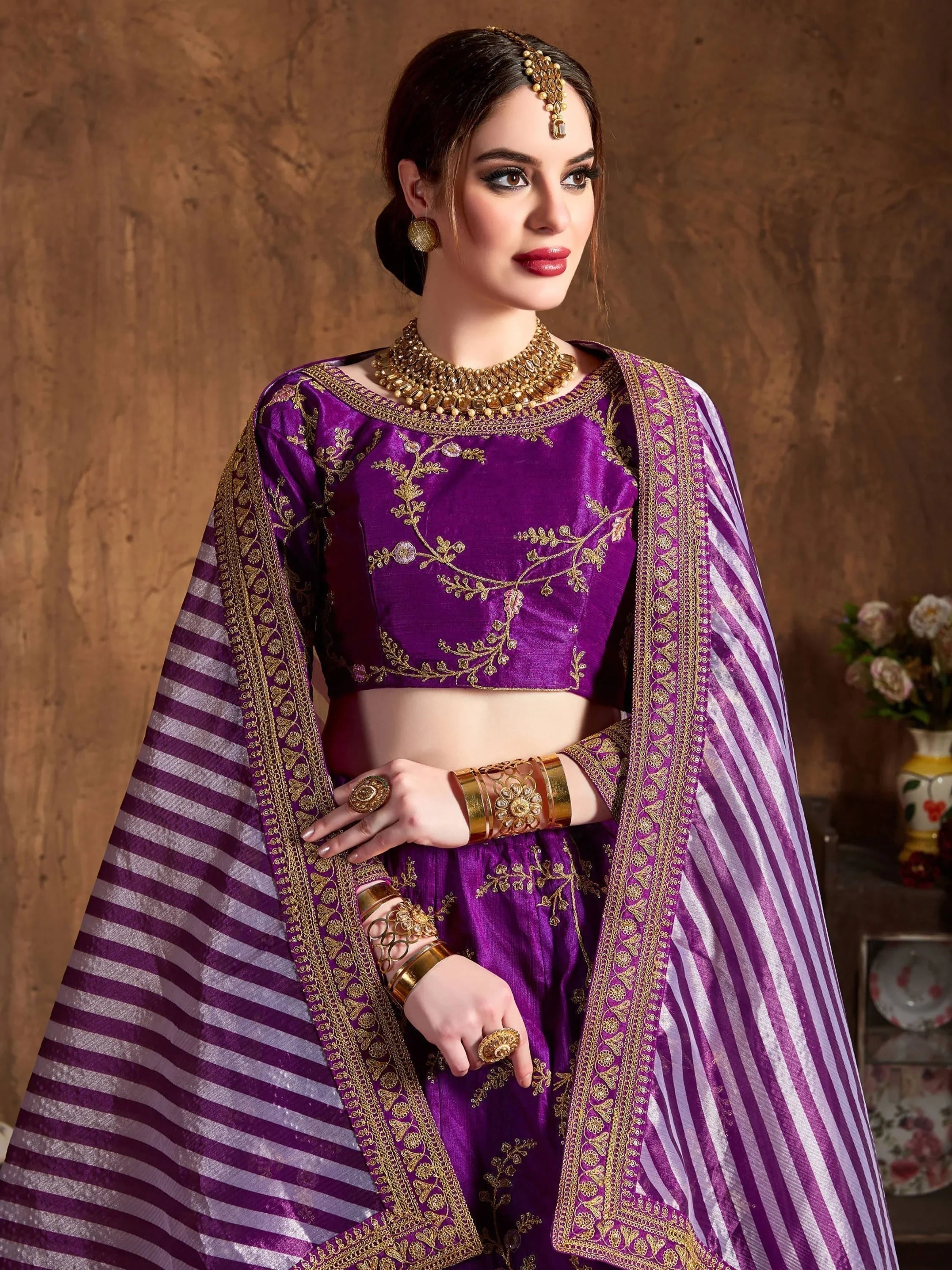 Purple Embroidered Mulberry Silk Bridal Lehenga Choli with Striped Dupatta