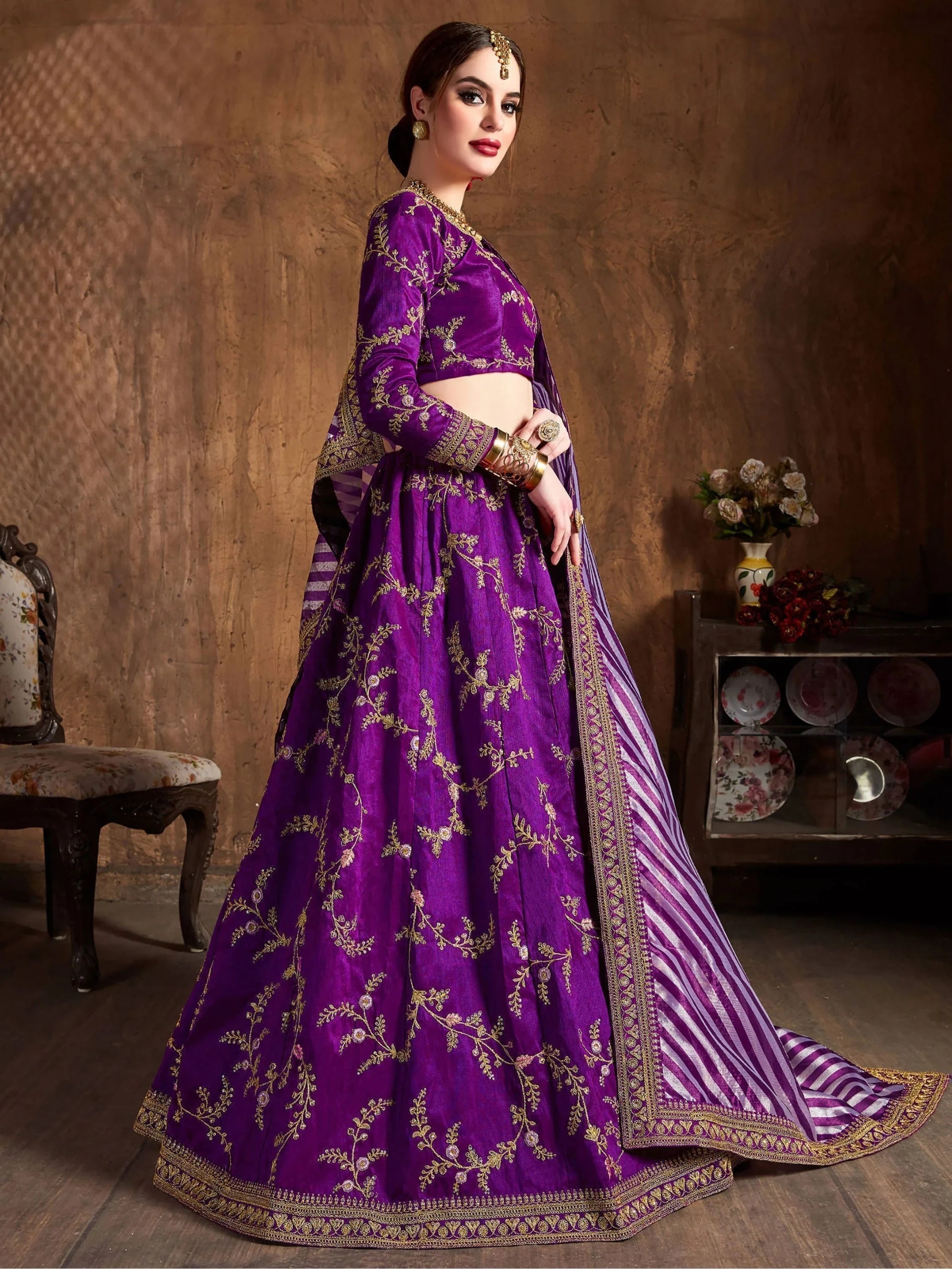 Purple Embroidered Mulberry Silk Bridal Lehenga Choli with Striped Dupatta