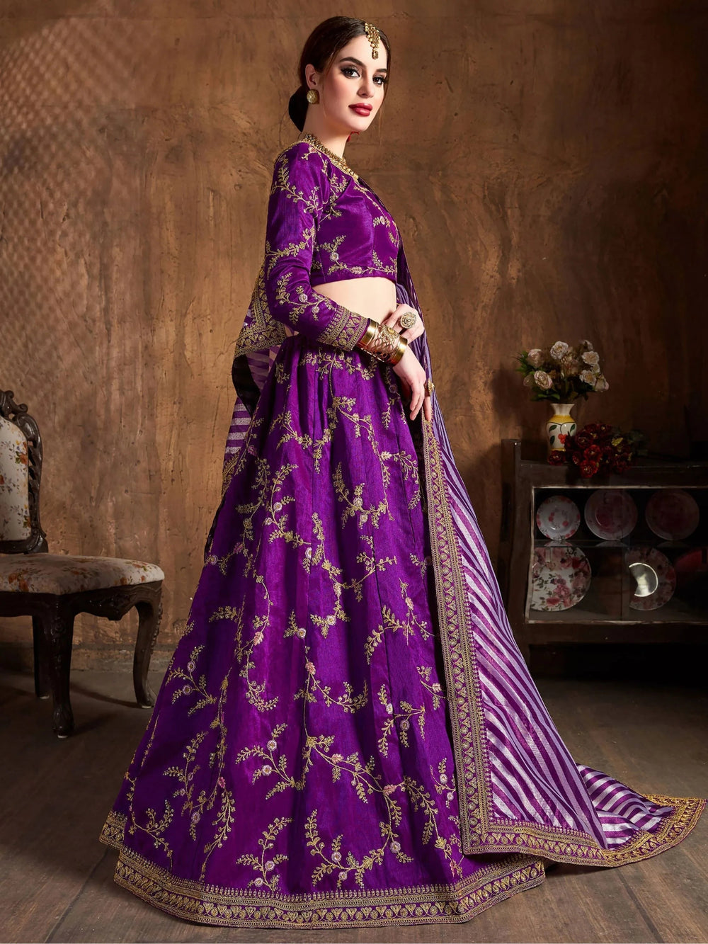 Purple Embroidered Mulberry Silk Bridal Lehenga Choli with Striped Dupatta
