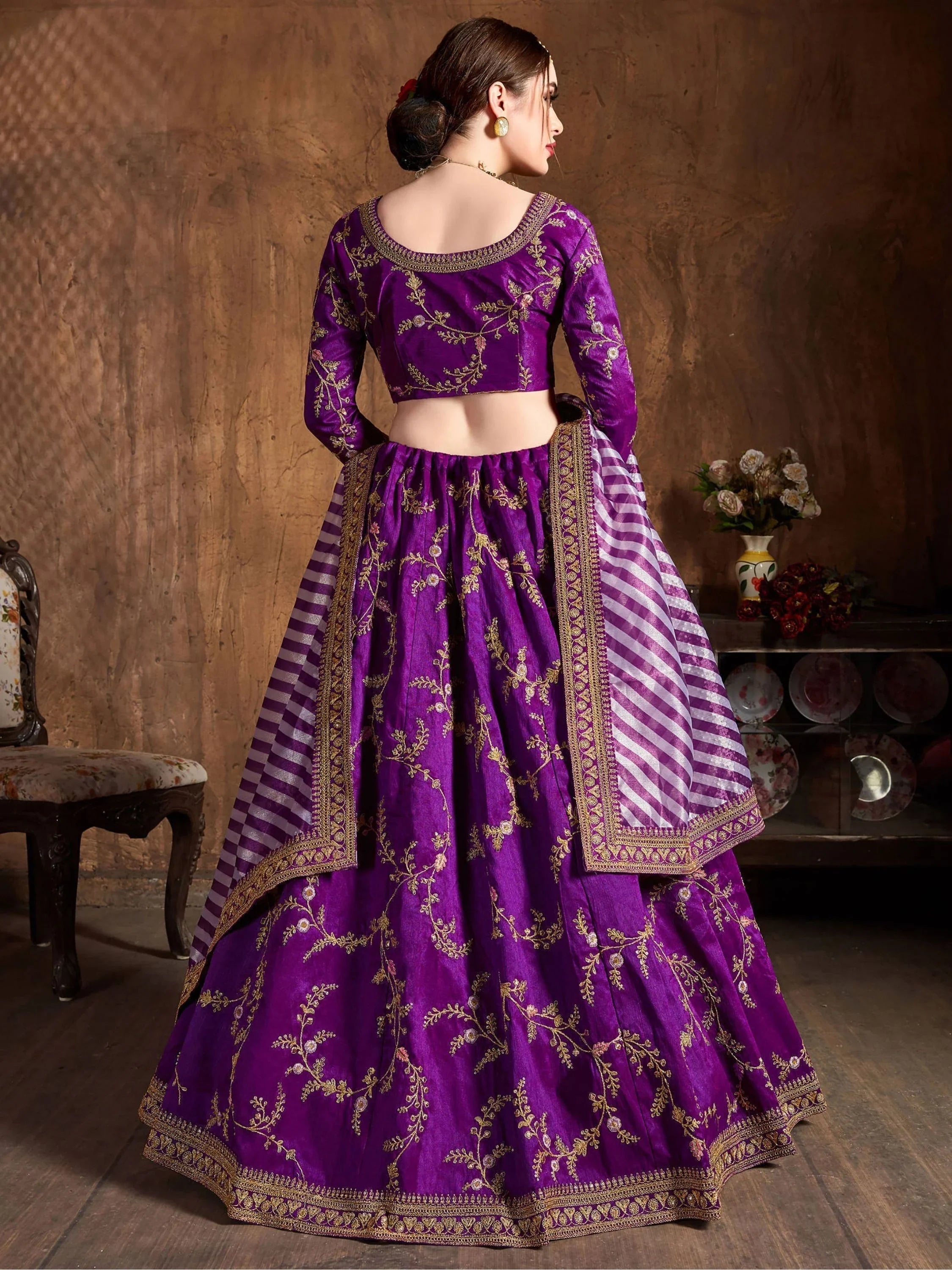 Purple Embroidered Mulberry Silk Bridal Lehenga Choli with Striped Dupatta
