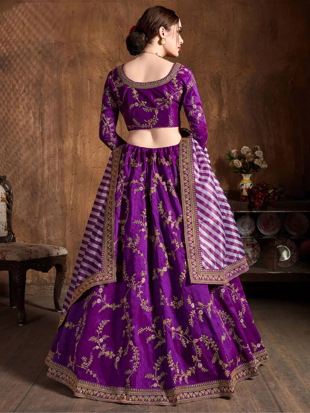 Purple Embroidered Mulberry Silk Bridal Lehenga Choli with Striped Dupatta