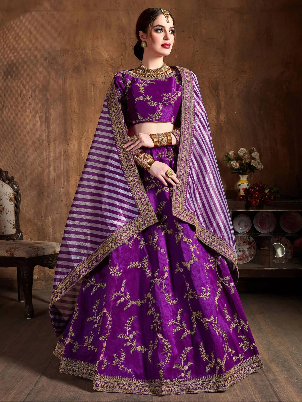 Purple Embroidered Mulberry Silk Bridal Lehenga Choli with Striped Dupatta