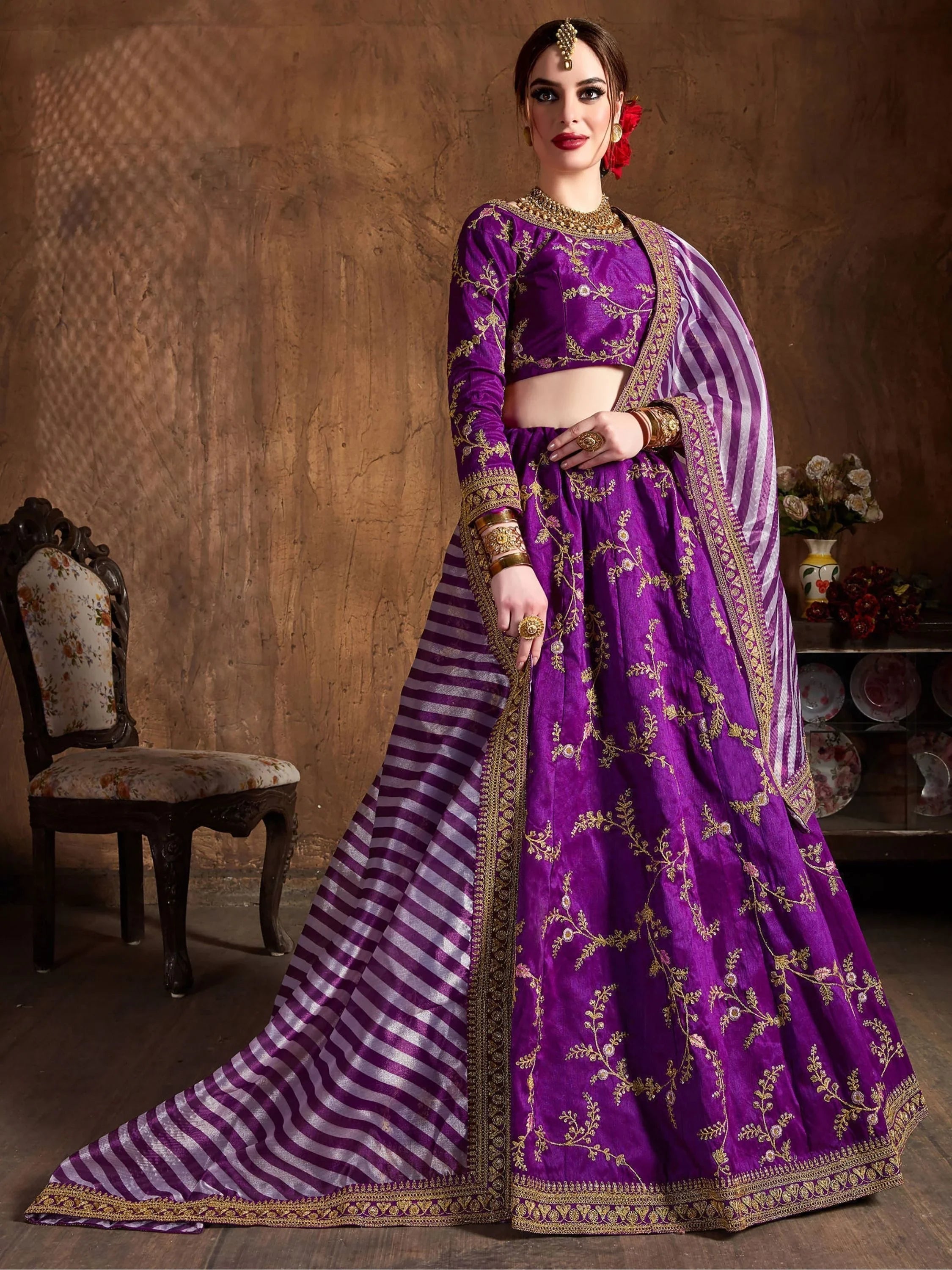 Purple Embroidered Mulberry Silk Bridal Lehenga Choli with Striped Dupatta