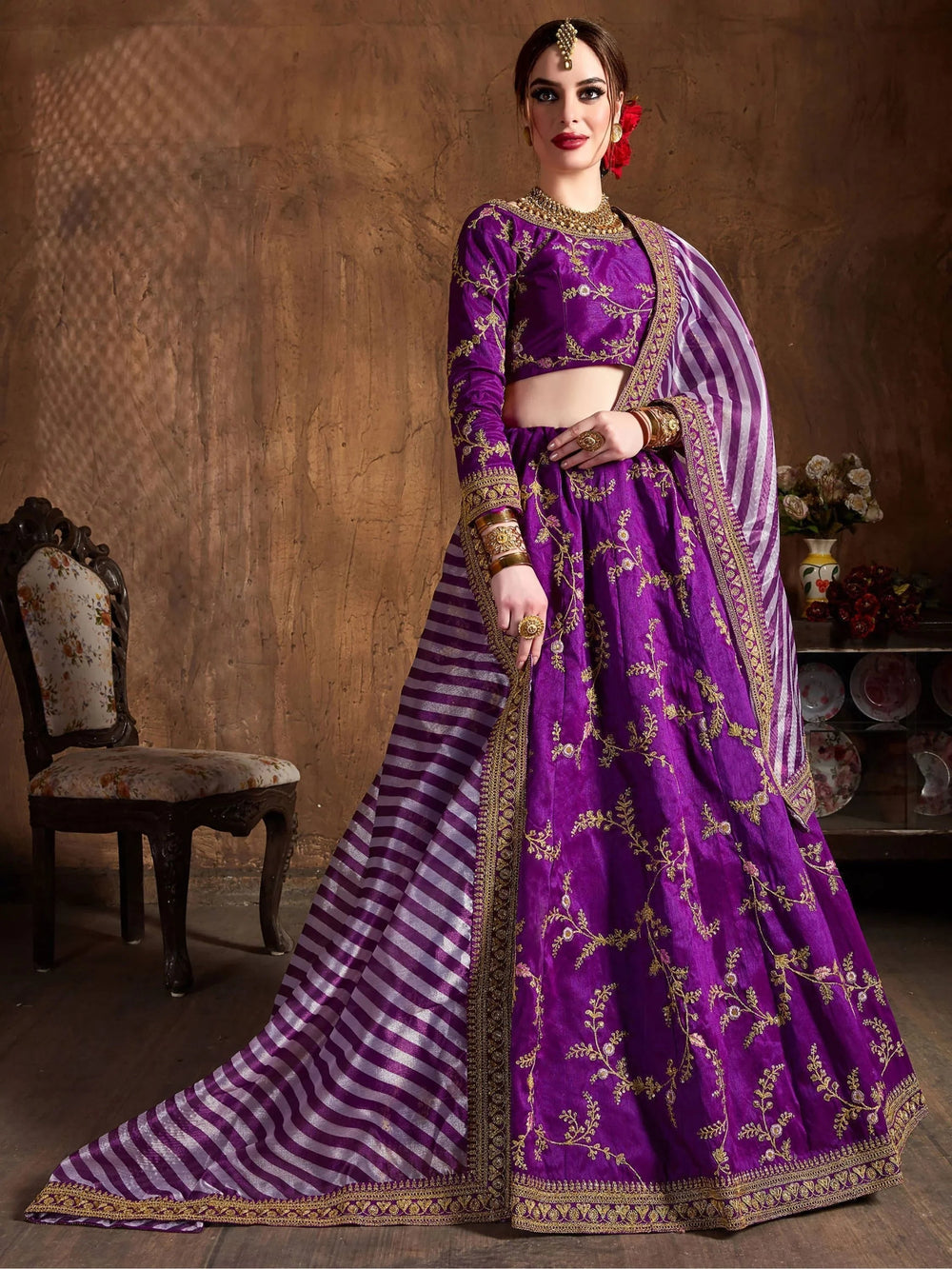 Purple Embroidered Mulberry Silk Bridal Lehenga Choli with Striped Dupatta